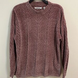 Orvis sweater woman’s medium purple mauve pullover chenille feel knit rib trim
